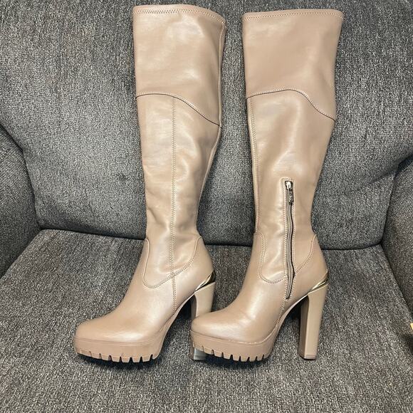 Guess Boots Womens 6 Taupe Over The Knee Faux Leather Chunky High Heel Taylin - Picture 4 of 11